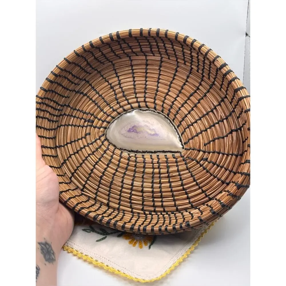 Handmade Pine Needle Basket Featuring a Polished Purple Agate Stone Center Base